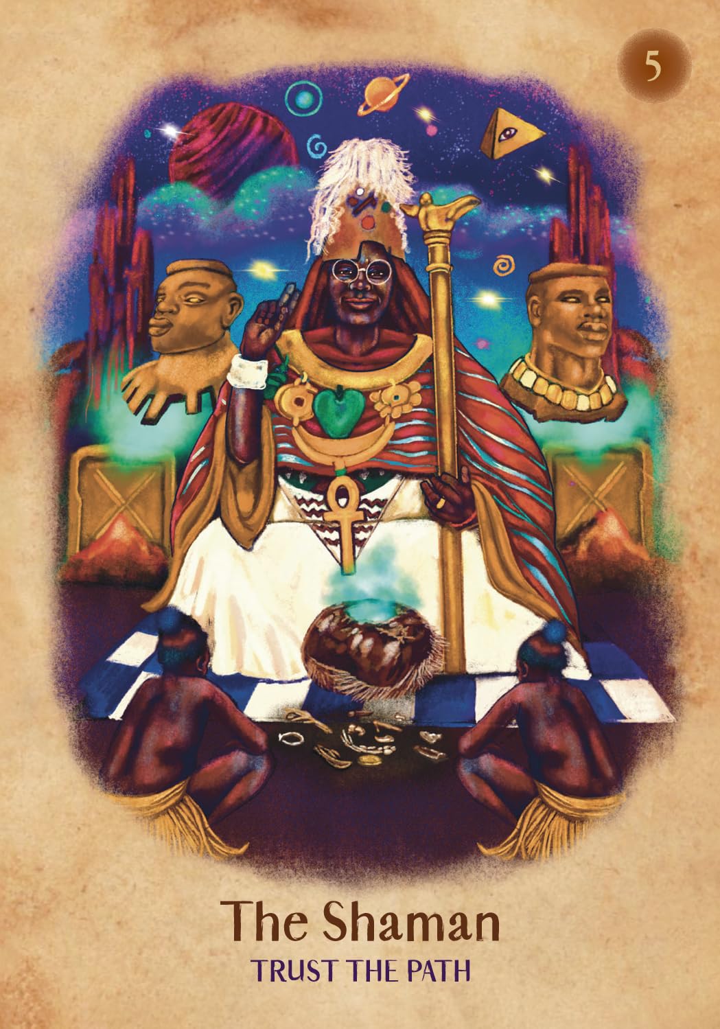 Card featuring 'The Shaman' with colorful design and text on a beige background