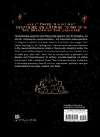 The back cover of the book 'All It Takes Is A Weight Suspended On A String To Tap Into The Gravity Of The Universe' by Fox Spyer, published by Sterling Ethos. The cover is black with a starry space background, featuring a central pendulum illustration, descriptive text, and a barcode with pricing at the bottom right.