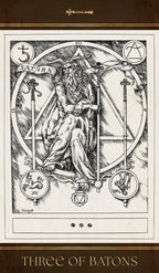 Illustration of a figure holding batons with astrological symbols, labeled 'Three of Batons'.