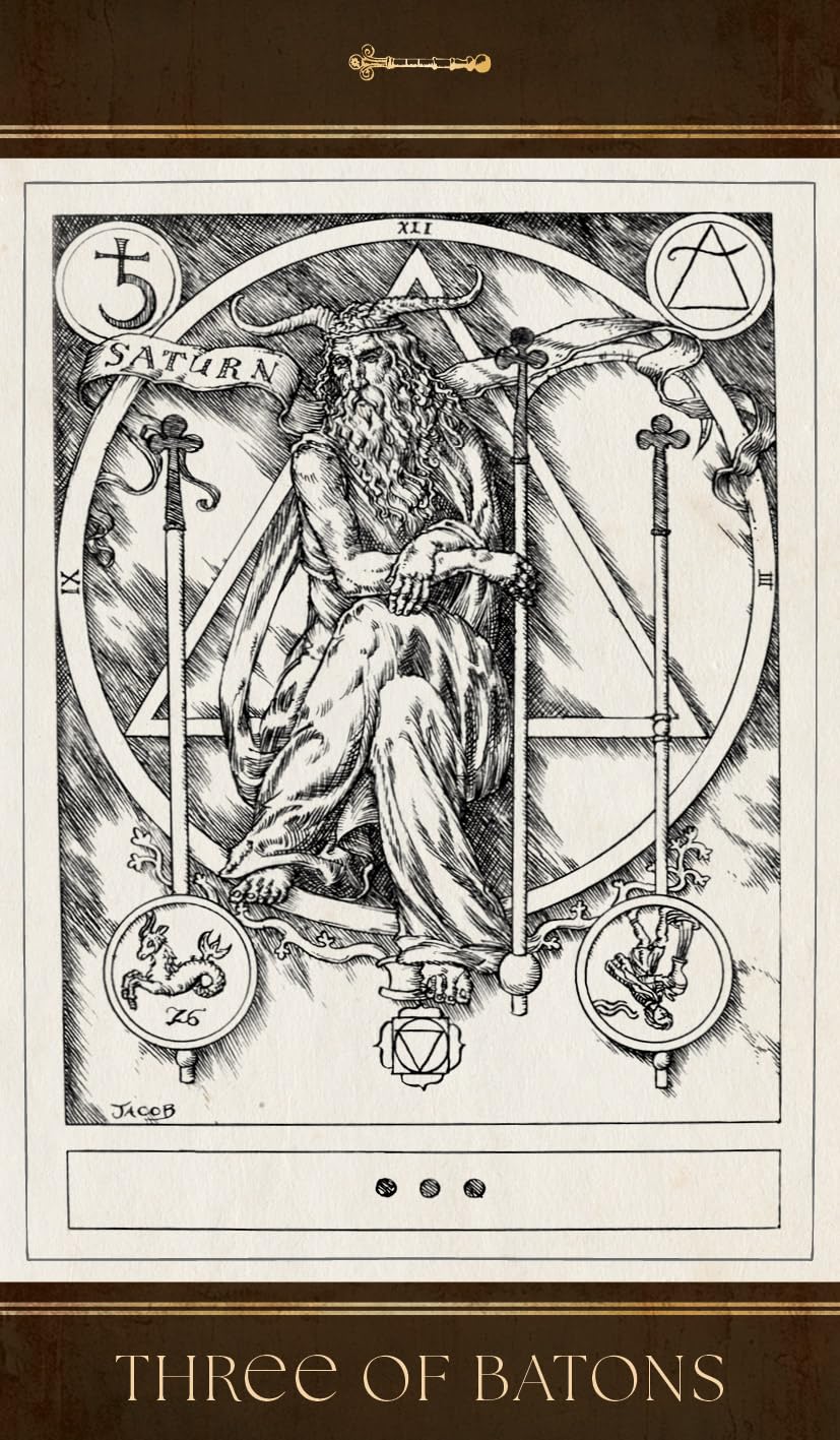 Illustration of a figure holding batons with astrological symbols, labeled 'Three of Batons'.