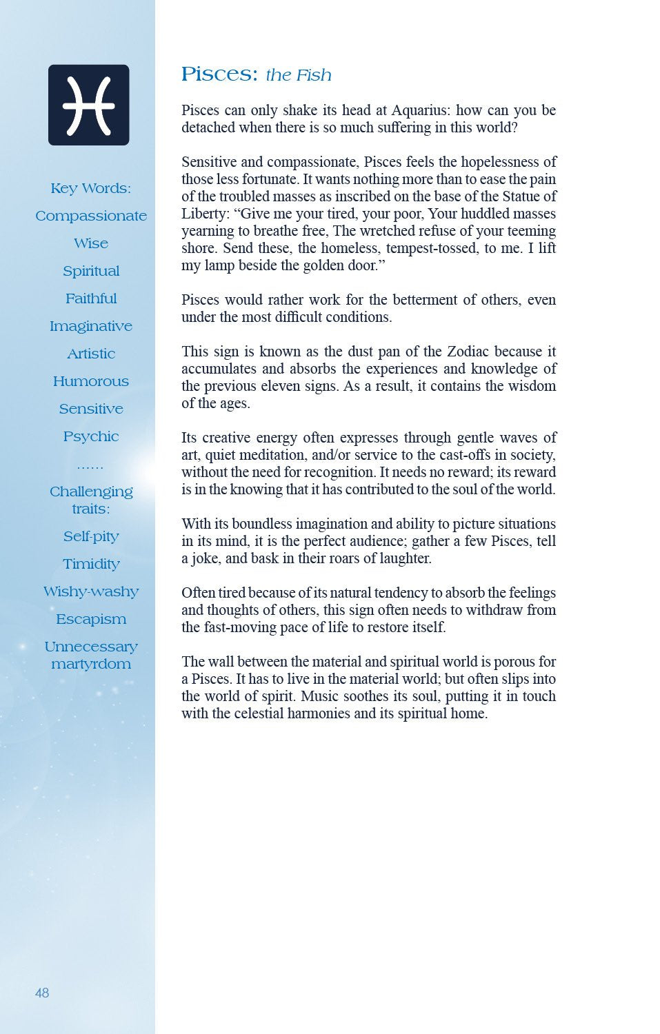 Astrological sign description for Pisces on a white background with blue sidebar.