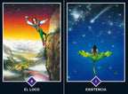 Two illustrated tarot-style cards shown side by side on a dark navy background. The left card is labeled 'EL LOCO' and shows a figure leaping from a cliff into a starry sky with a mountain landscape below.