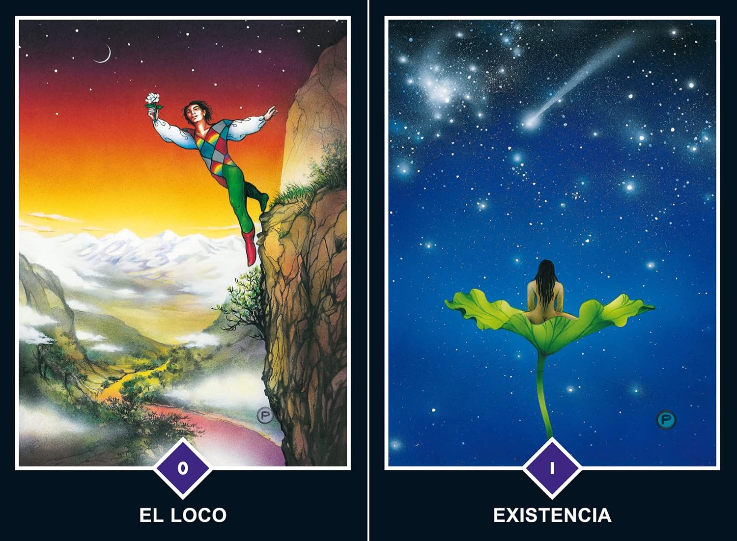 Two illustrated tarot-style cards shown side by side on a dark navy background. The left card is labeled 'EL LOCO' and shows a figure leaping from a cliff into a starry sky with a mountain landscape below.
