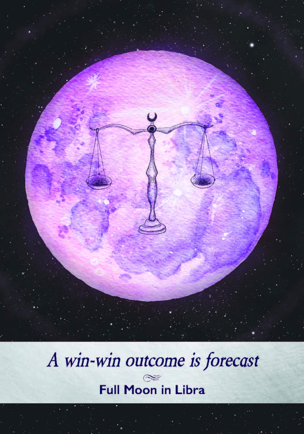 Purple moon with Libra scale symbol and text about a win-win outcome forecast during Full Moon in Libra.