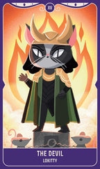 Card featuring a cat-like character in regal attire with flames and 'The Devil' text at the bottom.