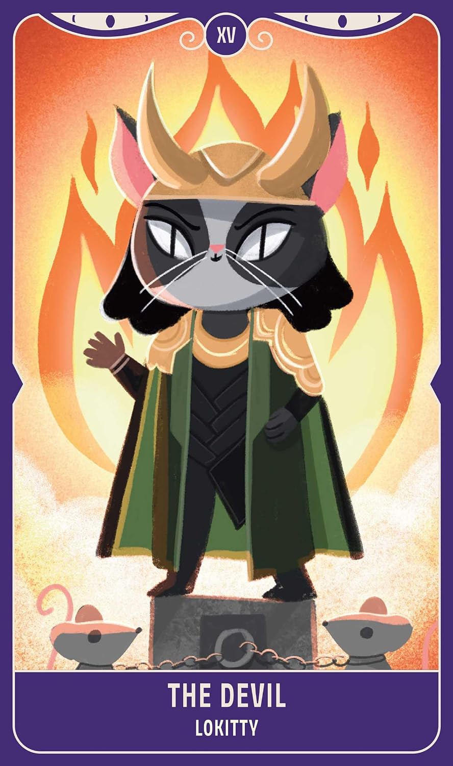 Card featuring a cat-like character in regal attire with flames and 'The Devil' text at the bottom.