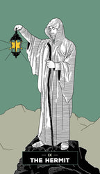 Card featuring 'The Hermit' from a tarot deck with a robed figure holding a lantern against a green background.