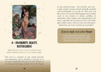 A printed card or booklet page with beige and light brown sections, featuring a small inset photo of a woman in a floral dress, decorative stars, and blocks of text about femininity, beauty, and naturalness.
