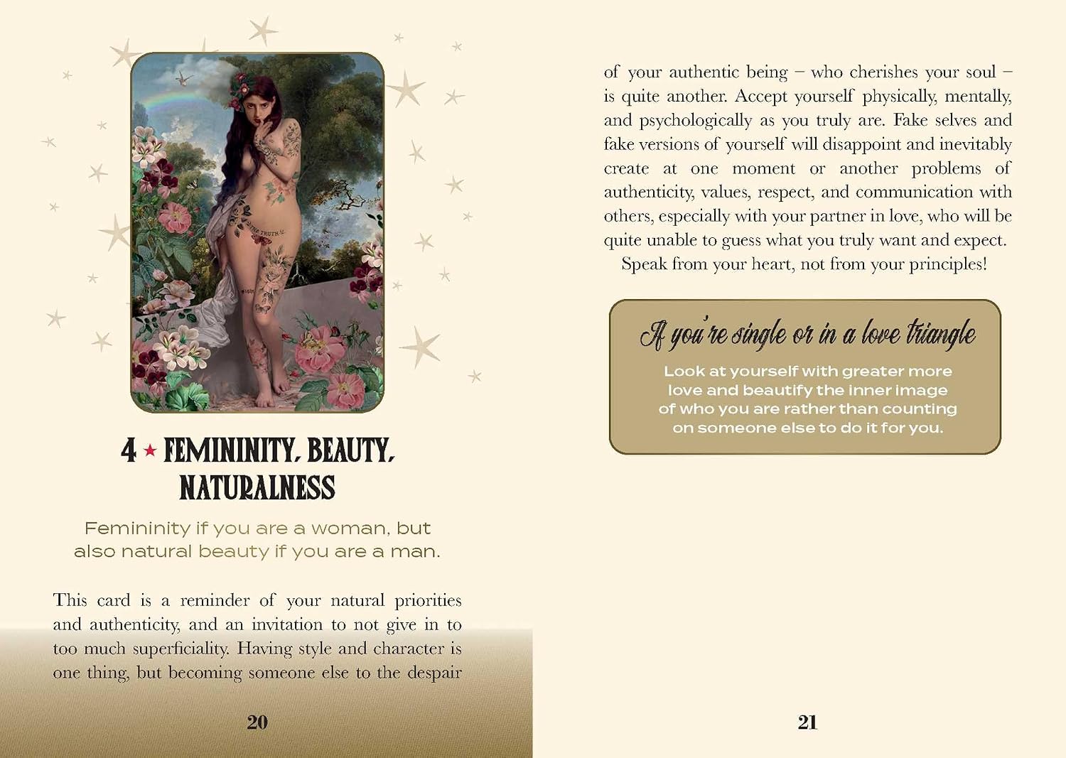 A printed card or booklet page with beige and light brown sections, featuring a small inset photo of a woman in a floral dress, decorative stars, and blocks of text about femininity, beauty, and naturalness.