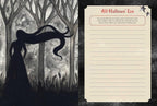 A gothic-themed stationery set featuring a black and white illustration of a woman with long flowing hair in a forest on the left, and a cream-colored lined letter pad titled 'All Hallows' Eve' on the right.
