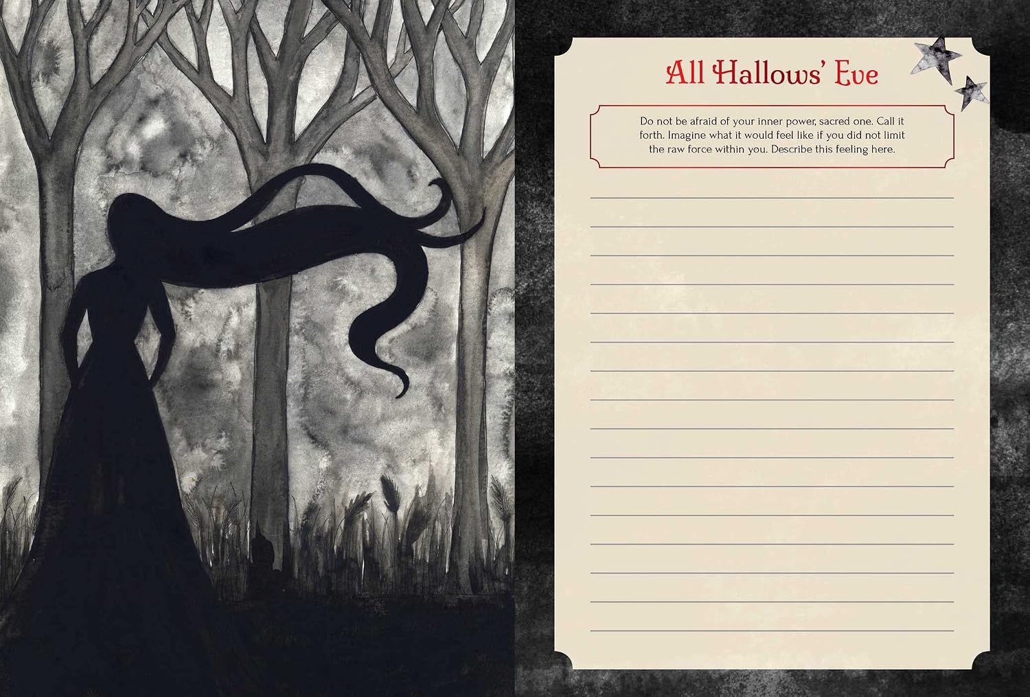 A gothic-themed stationery set featuring a black and white illustration of a woman with long flowing hair in a forest on the left, and a cream-colored lined letter pad titled 'All Hallows' Eve' on the right.