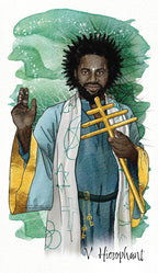 Illustration of a person holding a staff with a green and white background