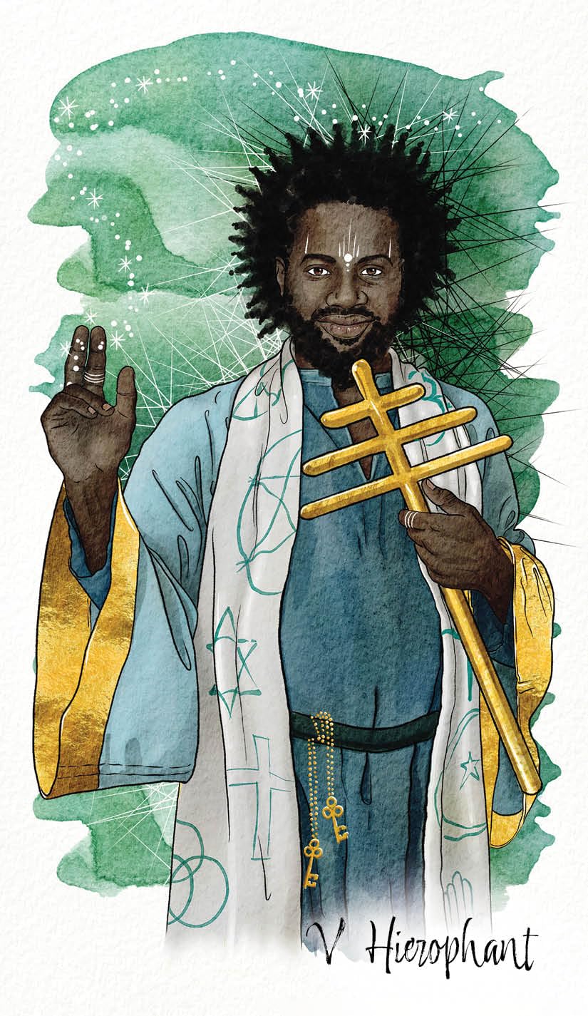 Illustration of a person holding a staff with a green and white background