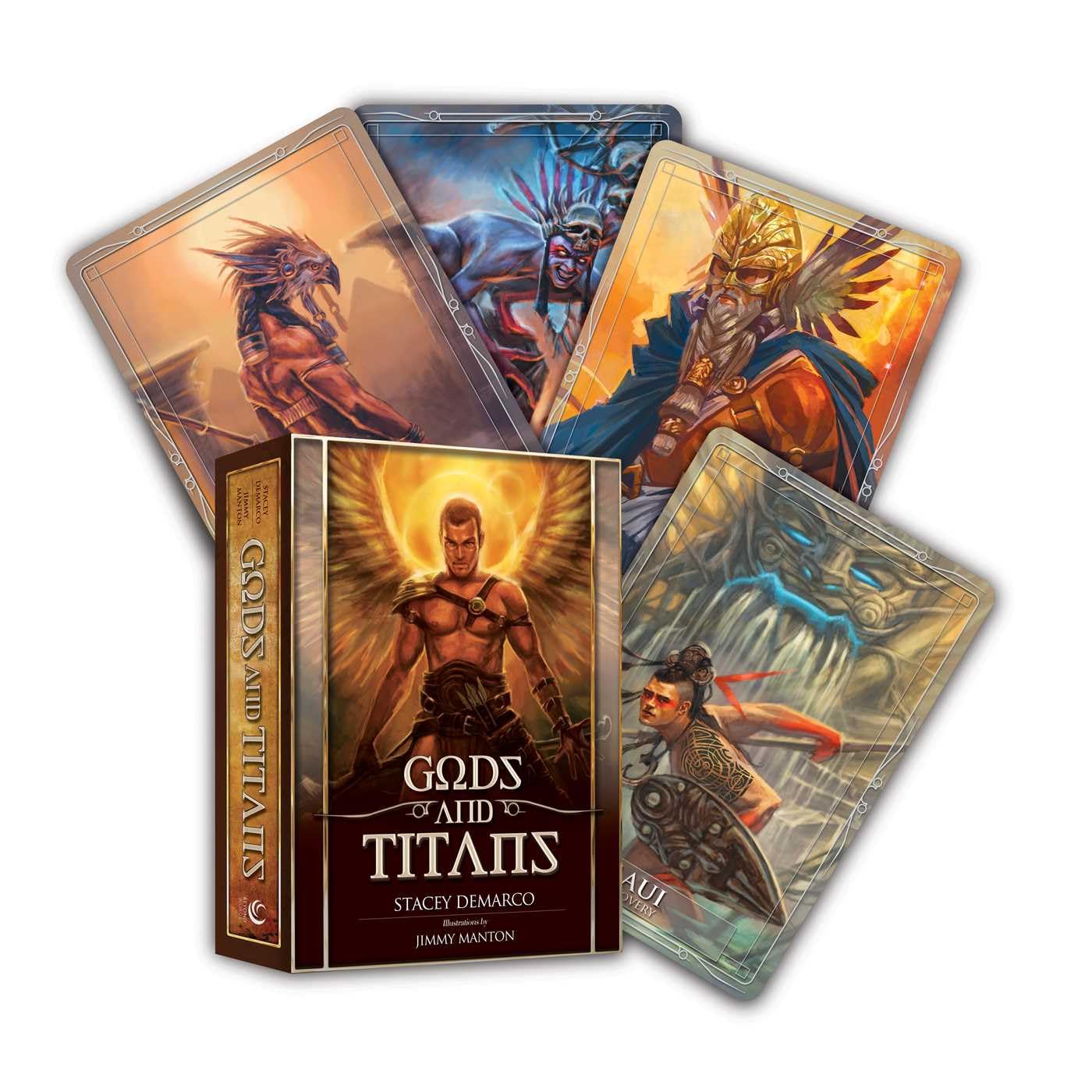 Collection of 'Gods and Titans' themed cards with a box on a white background