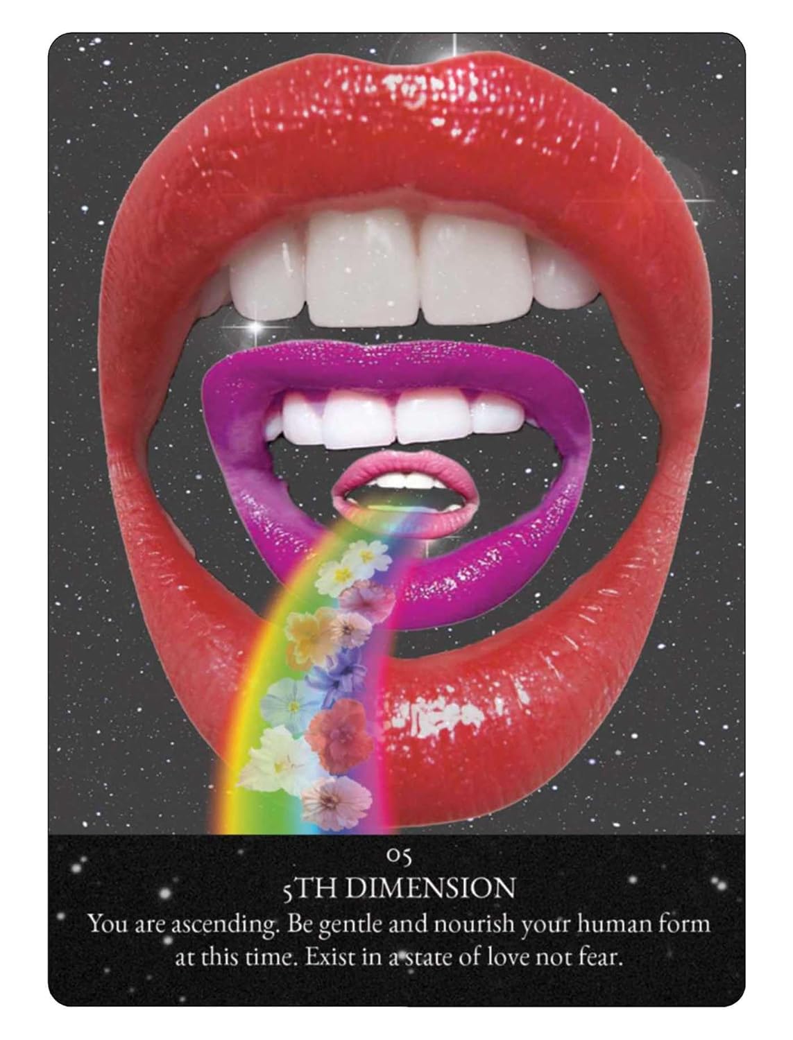 Artistic depiction of a mouth with a rainbow and flowers emerging, set against a starry background.