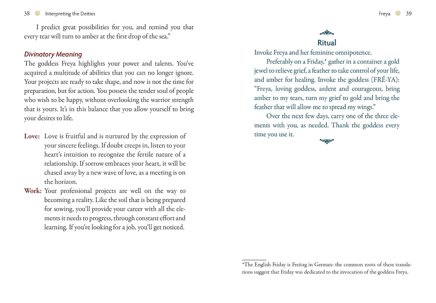 A page from a book or booklet showing English text with headings such as 'Interpreting the Details,' 'Divinatory Meaning,' 'Love,' and 'Work,' plus a small 'Ritual' logo at the top right. The page is mostly white with black text and a few small blue graphic accents.