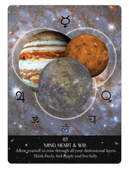 Card with images of planets Jupiter, Mars, and Saturn against a cosmic background.