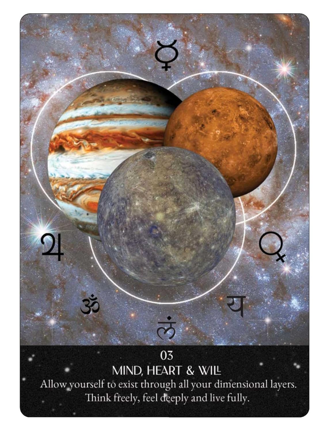 Card with images of planets Jupiter, Mars, and Saturn against a cosmic background.