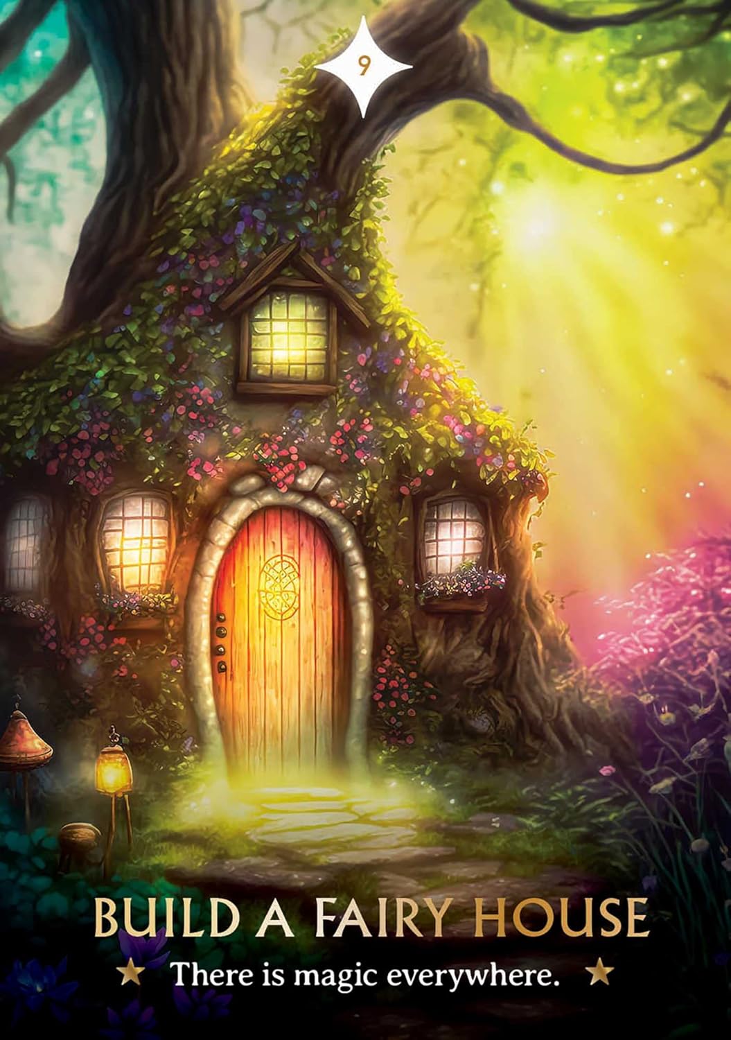 Fantasy fairy house in a forest with glowing lights and flowers, text 'Build a Fairy House' and 'There is magic everywhere.'