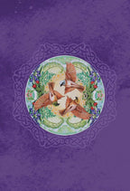 A circular decorative illustration featuring three brown birds with wings spread, surrounded by green foliage, red berries, and floral details on a light blue-green background, set against a textured purple backdrop with a faint Celtic knot design.