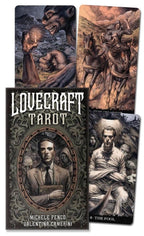 Lovecraft Tarot cards with illustrations of a creature, horses, and a man in a suit.