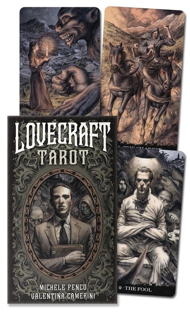 Lovecraft Tarot cards with illustrations of a creature, horses, and a man in a suit.