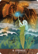 Tarot card titled 'Strength' featuring a mermaid and dragons in a fantasy setting.