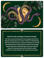 Card with a snake design and text about salt and pepper protection powder on a green background.