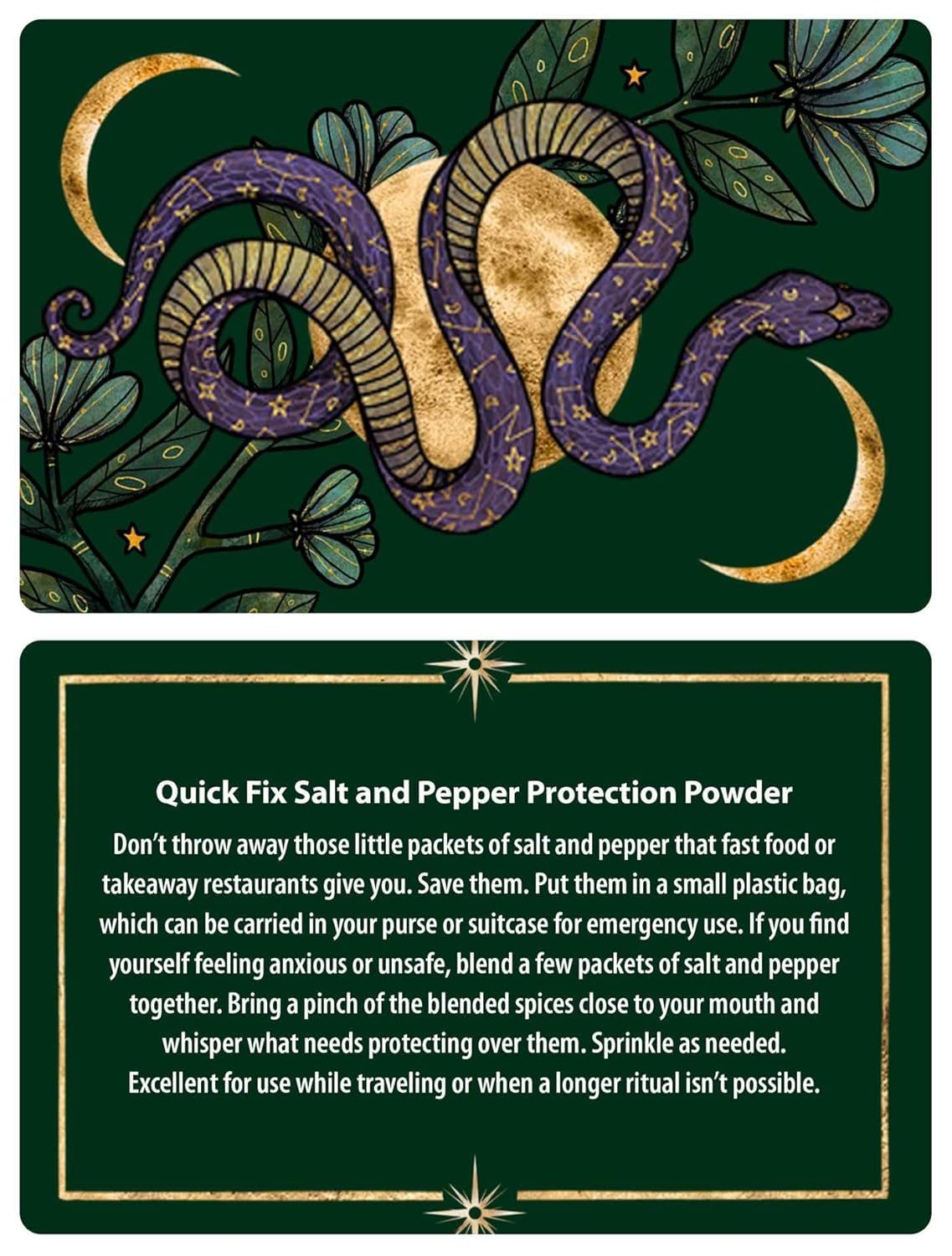Card with a snake design and text about salt and pepper protection powder on a green background.