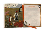 Open book with illustrations of two people in a harvest scene and text on a white background.