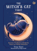 Book cover of 'The Witch's Cat Tarot' with a cat on a crescent moon against a dark blue background.