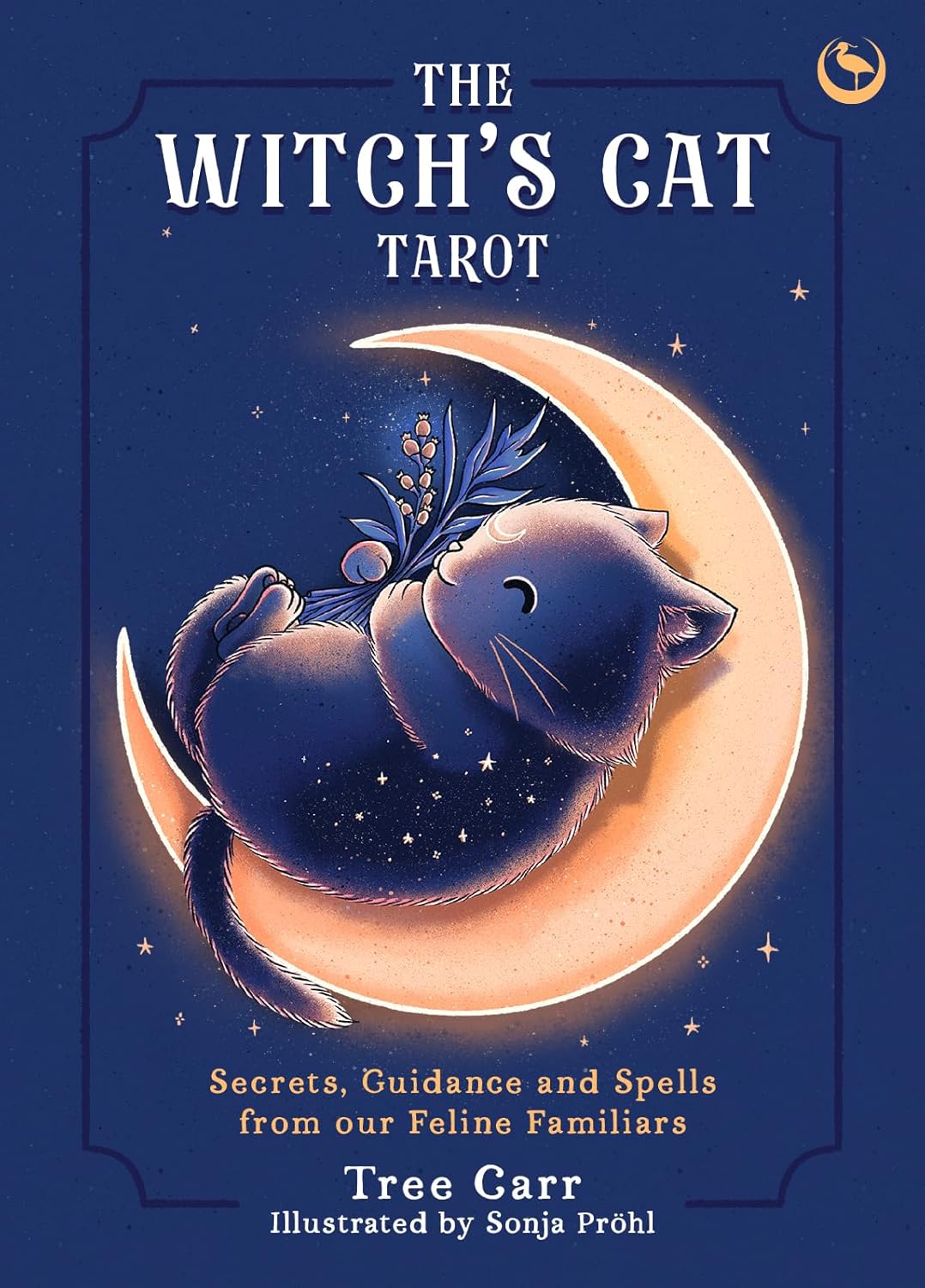 Book cover of 'The Witch's Cat Tarot' with a cat on a crescent moon against a dark blue background.