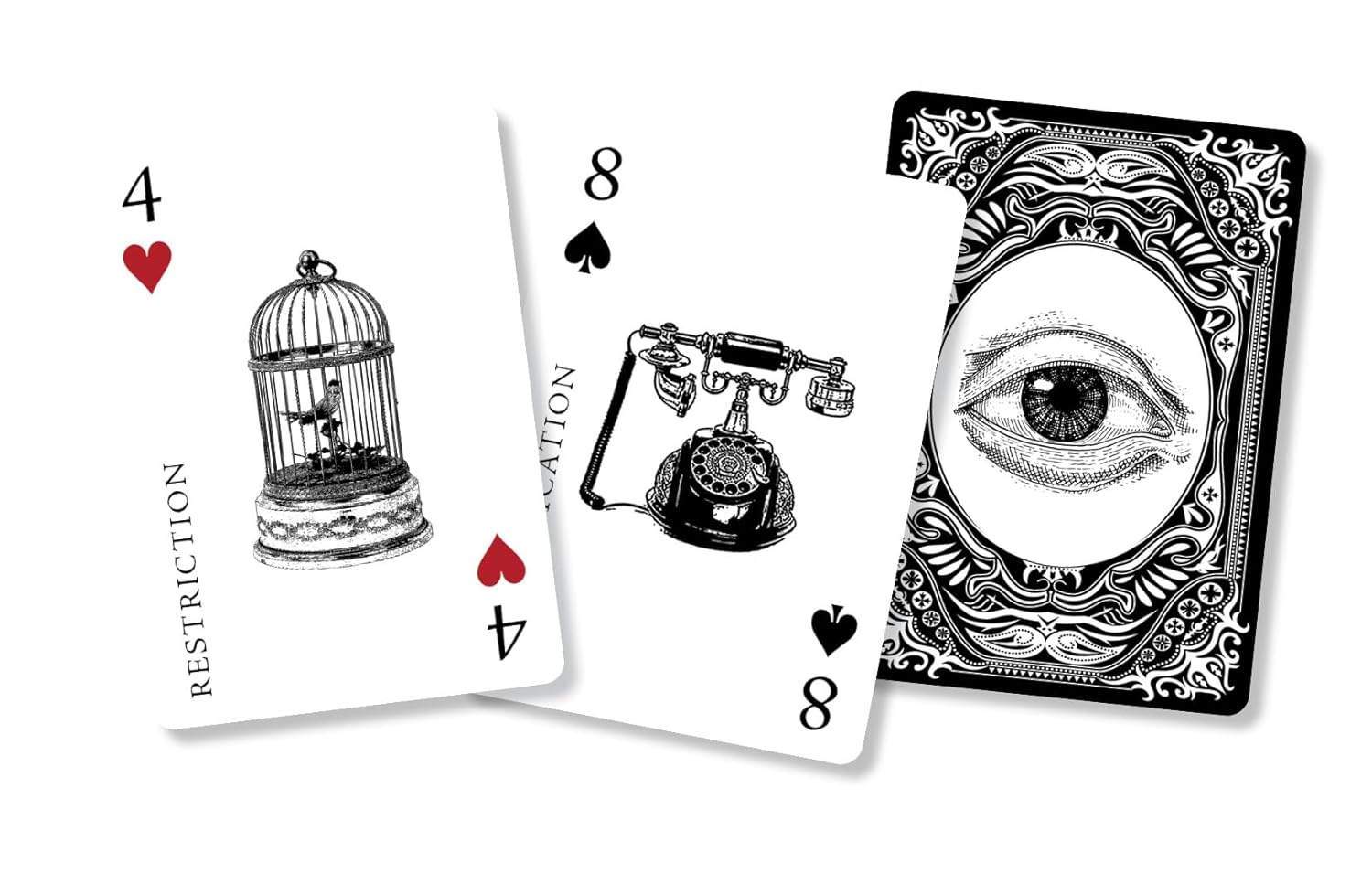 Three playing cards with unique designs on a white background