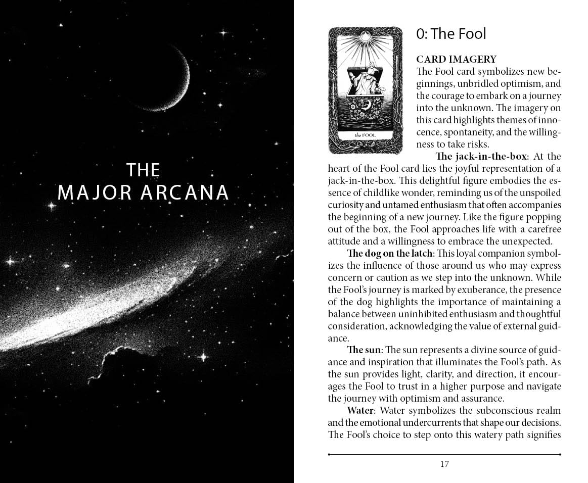 Page from a book or magazine featuring the Major Arcana card 'The Fool' with celestial imagery.