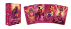 Rising Rani Oracle card deck box shown beside four illustrated oracle cards on a plain white background. The box and cards feature vivid pink, magenta, purple, and orange artwork with stylized human figures and symbolic imagery.