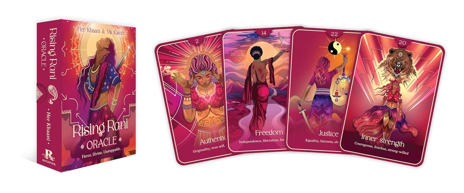 Rising Rani Oracle card deck box shown beside four illustrated oracle cards on a plain white background. The box and cards feature vivid pink, magenta, purple, and orange artwork with stylized human figures and symbolic imagery.