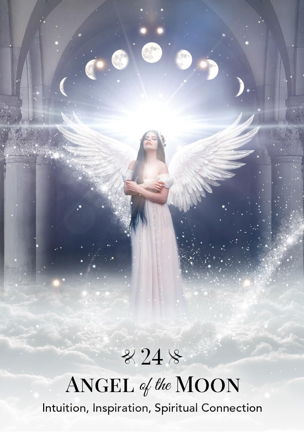 Angel with wings standing in a cathedral-like setting with moonlit sky, labeled 'Angel of the Moon'.