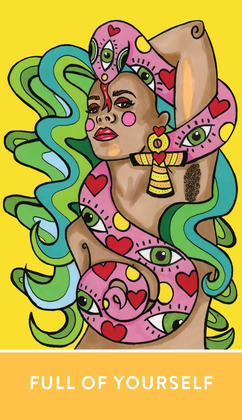 Colorful illustration of a woman with decorative headpiece and patterns on a yellow background with 'Full of Yourself' text.