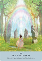Woman in a pink dress standing under a rainbow arch in a forest with stone circles.