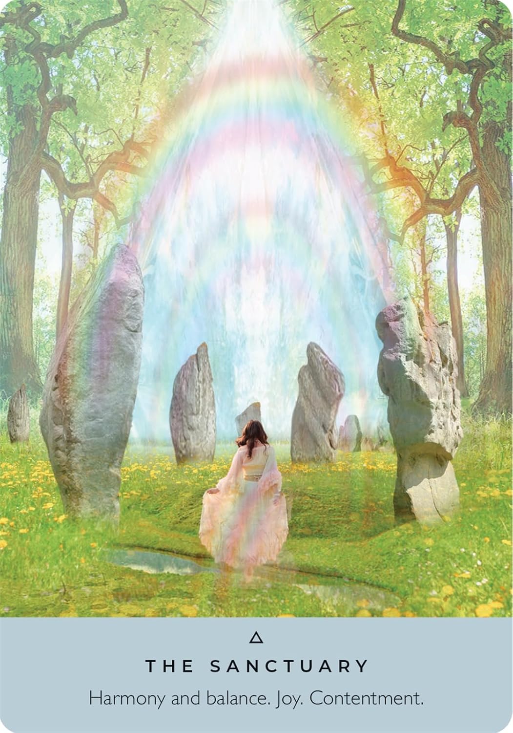 Woman in a pink dress standing under a rainbow arch in a forest with stone circles.