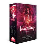 Lovecasting Oracle card set packaging with a woman's face and glowing heart on a red background.