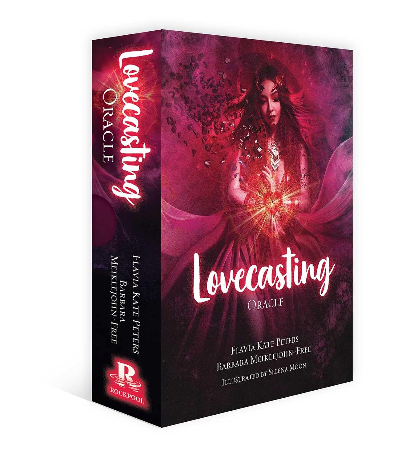 Lovecasting Oracle card set packaging with a woman's face and glowing heart on a red background.