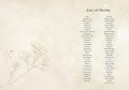 A vintage-style botanical reference card titled 'List of Herbs' on a warm beige parchment-like background. The left side features elegant line-drawn illustrations of flowers and leaves, while the right side lists various herb names in two columns.
