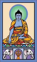 Colorful depiction of a seated figure with a blue background and symbols below.