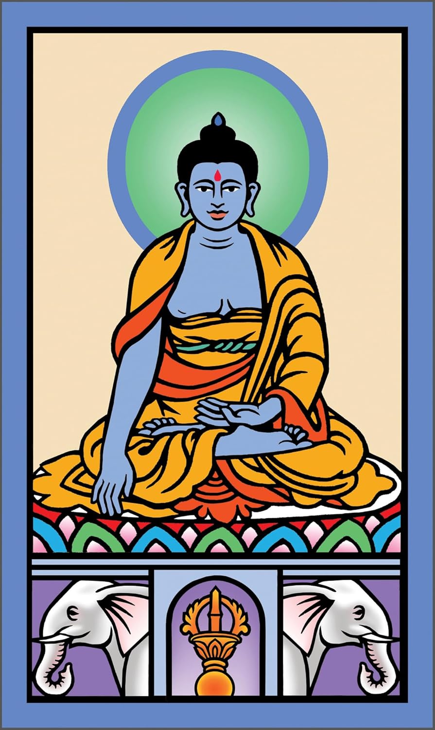 Colorful depiction of a seated figure with a blue background and symbols below.