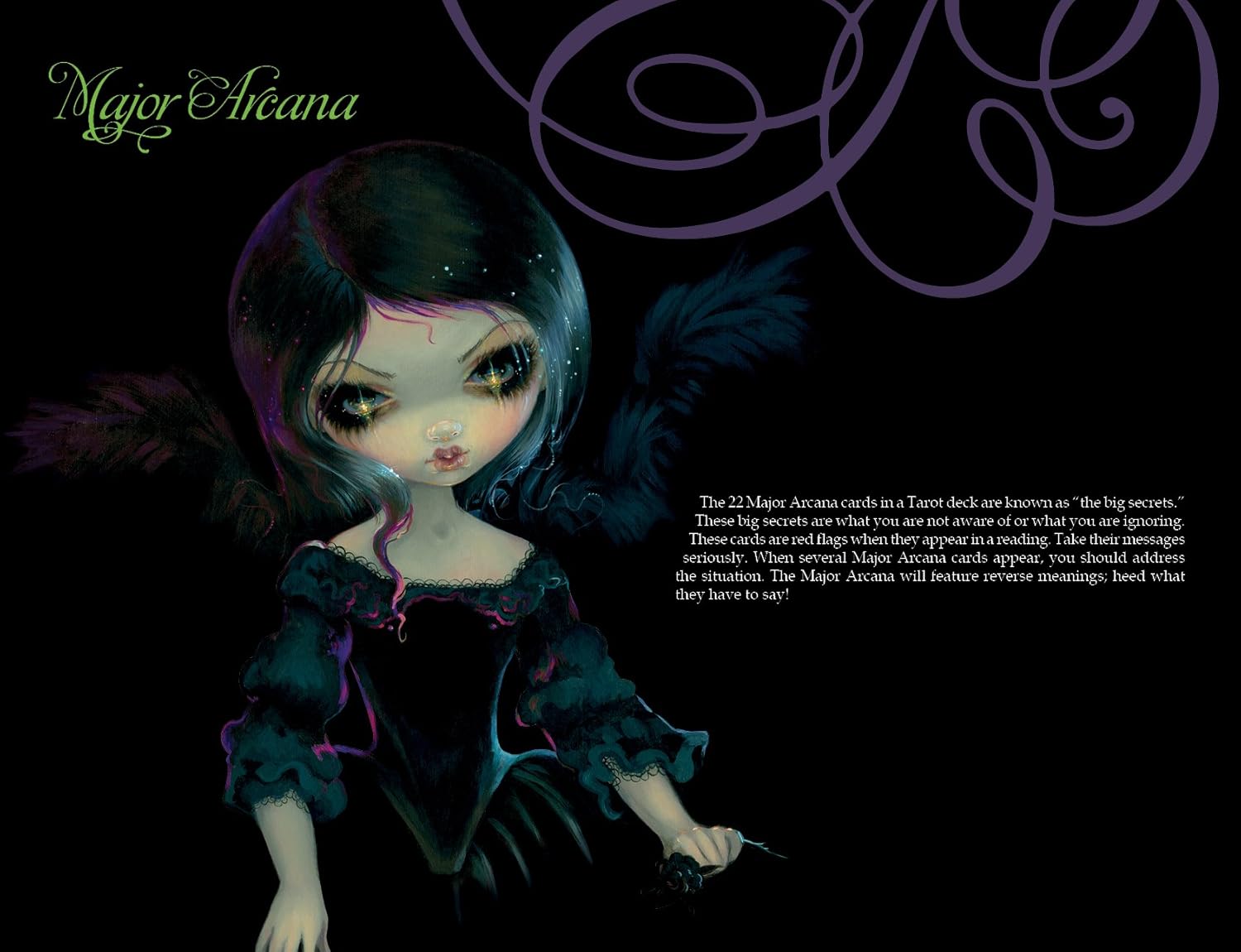 Illustration of a doll with dark hair and dress against a black background, featuring text and decorative elements.