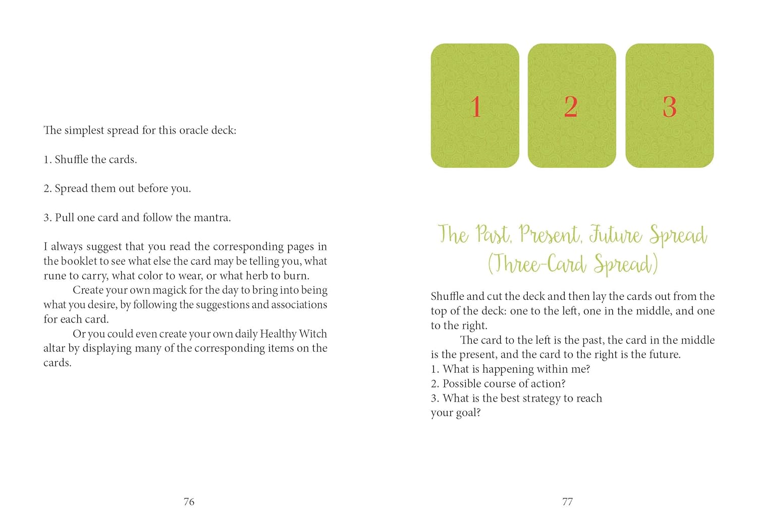 Instructions for using a tarot card deck with three green cards labeled 1, 2, and 3 on a white background.