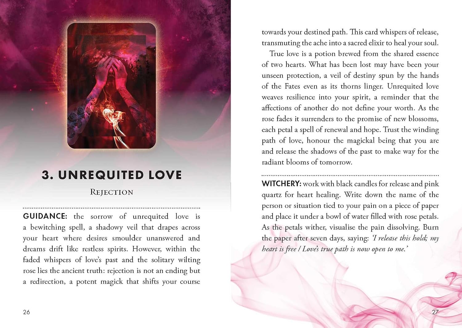 Card from a tarot or oracle deck with a mystical design and text on an open book background.