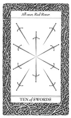 Card featuring the 'Ten of Swords' from a tarot deck with black and white design.