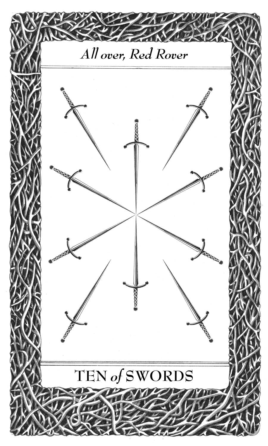 Card featuring the 'Ten of Swords' from a tarot deck with black and white design.